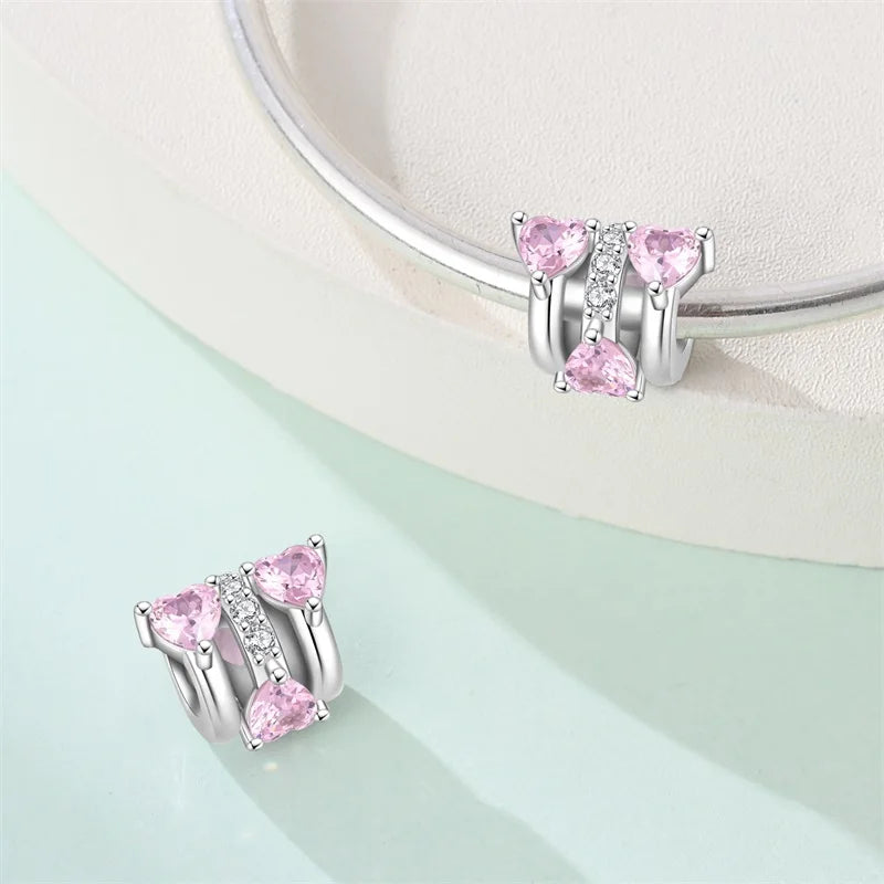 925 Sterling Silver Pink Charms Beads Butterfly Perfume Bottle Crown Heart Shaped Zircon Charms for Women Fine DIY Jewelry Gifts
