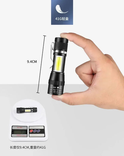 Portable Rechargeable LED Flashlight with Pen Clip Zoomable Waterproof Torch with Side Light Outdoor Camping Emergency Lantern