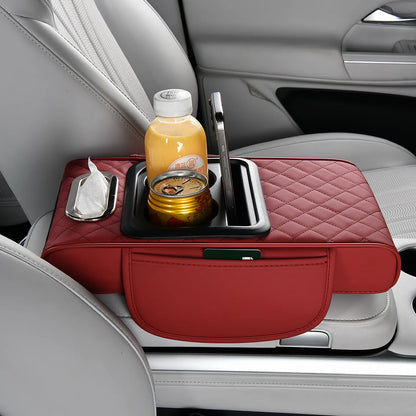 4 in 1 Car Center Console Cover Universal PU Leather Car Armrest Storage Double Cup Holder Middle Console Cushion Organizer Box