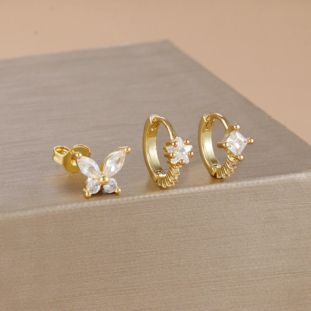 3PCS Gold Plated Zircon Butterfly Hoop Earring Set Women Shiny Crystal Stackable Cartilage Piercing Earring Hypoallergen Jewelry