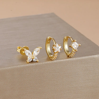 3PCS Gold Plated Zircon Butterfly Hoop Earring Set Women Shiny Crystal Stackable Cartilage Piercing Earring Hypoallergen Jewelry