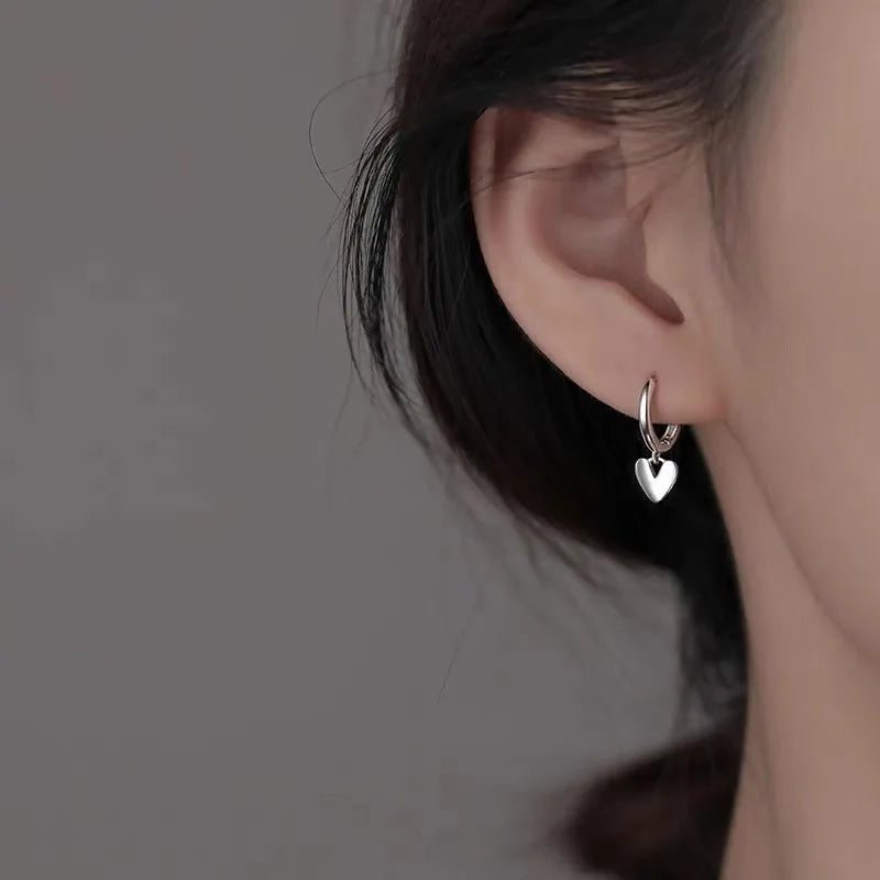 Real 925 Sterling Silver Heart Pendant Hoop Earrings For Women Classic Fine Jewelry Minimalist Accessories