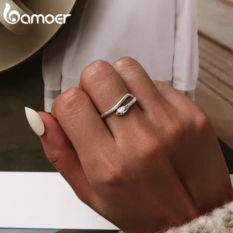 BAMOER 925 Sterling Silver Retro Textures Snake Adjustable Ring, 18K Gold Green Zircon Animal Ring Stackable Jewelry 4 Colors