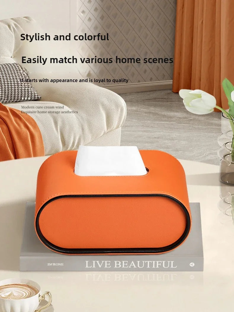 Light Luxury Paper Box High-end Living Room Creative Oval Leather Tissue Box Bedroom Desktop Napkin Storage Box Organization
