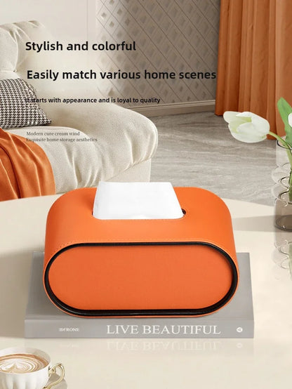 Light Luxury Paper Box High-end Living Room Creative Oval Leather Tissue Box Bedroom Desktop Napkin Storage Box Organization