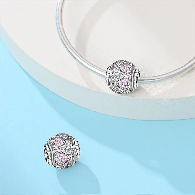 925 Sterling Silver Pink Charms Beads Butterfly Perfume Bottle Crown Heart Shaped Zircon Charms for Women Fine DIY Jewelry Gifts