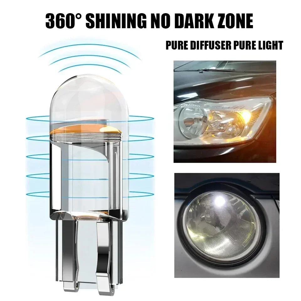 10pcs Car LED T10 W5W Canbus Glass COB Reading Dome Lamp Marker Wedge License PlateLight Bulb 168 194 192 DC 12V White