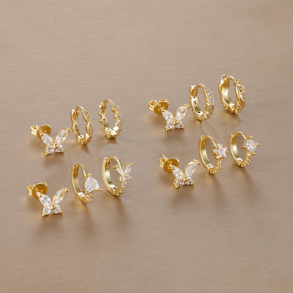 3PCS Gold Plated Zircon Butterfly Hoop Earring Set Women Shiny Crystal Stackable Cartilage Piercing Earring Hypoallergen Jewelry