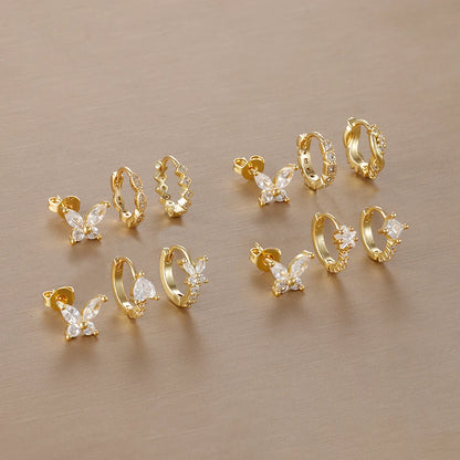 3PCS Gold Plated Zircon Butterfly Hoop Earring Set Women Shiny Crystal Stackable Cartilage Piercing Earring Hypoallergen Jewelry