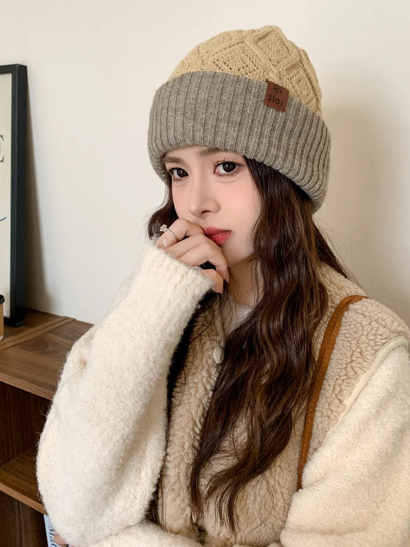 New Women Fashion Slouchy Winter Hats Various Wearing Method Reversible Beanie Hat Thick Knitted Hats