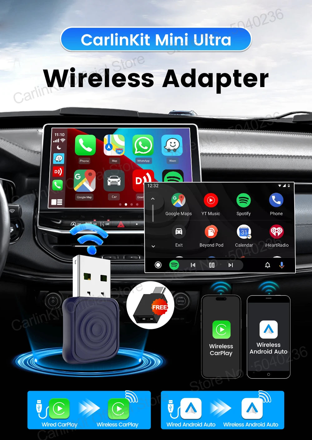 MINI 5 Pro/Mini Ultra CarlinKit Wireless CarPlay Adapter Smart CarPlay Box  for Car Plug and Play WiFi Bluetooth Auto Connection
