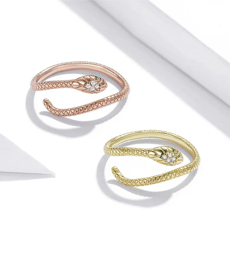 BAMOER 925 Sterling Silver Retro Textures Snake Adjustable Ring, 18K Gold Green Zircon Animal Ring Stackable Jewelry 4 Colors