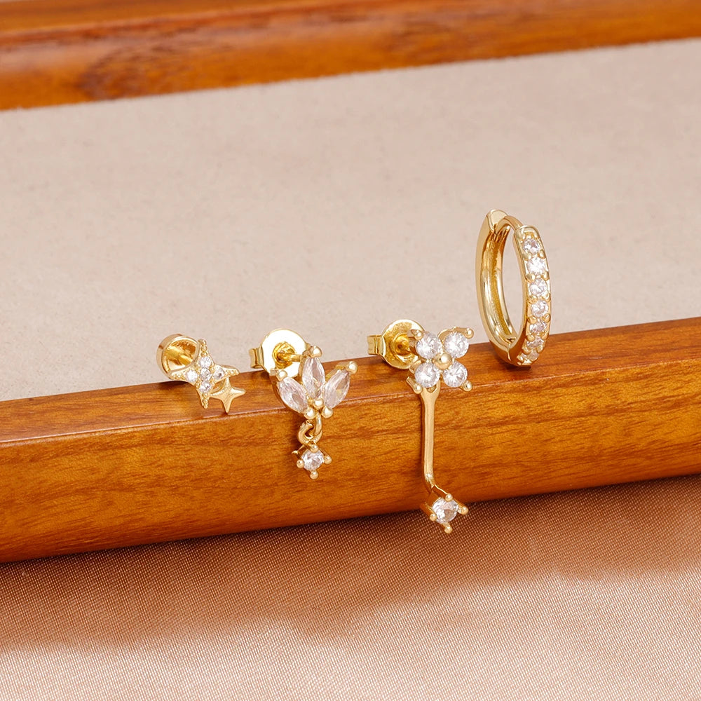 4PCS Zircon Star Moon Flower Small Hoop Earrings Set For Women Stainless Steel Huggies Pendant Piercing Earrings Jewelry Aretes