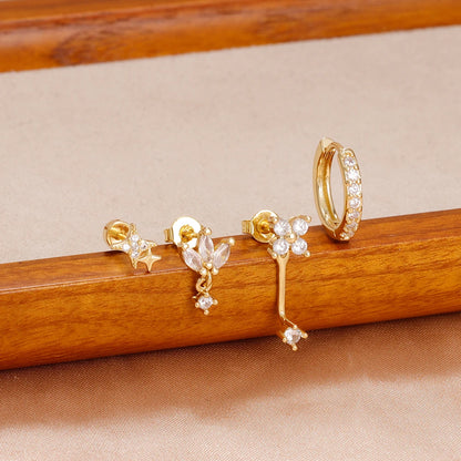 4PCS Zircon Star Moon Flower Small Hoop Earrings Set For Women Stainless Steel Huggies Pendant Piercing Earrings Jewelry Aretes