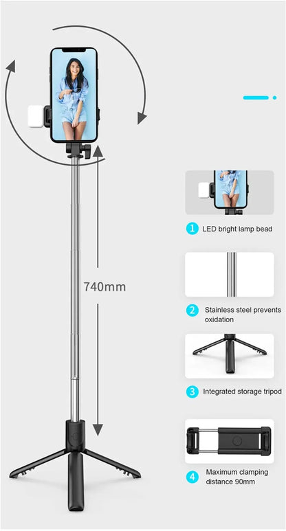 Portable Bluetooth Selfie Stick Tripod Holder with Remote Shutter Fill Light Extendable Wireless Remote Retractable Phone Stand