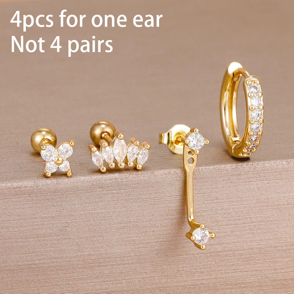 4PCS Zircon Star Moon Flower Small Hoop Earrings Set For Women Stainless Steel Huggies Pendant Piercing Earrings Jewelry Aretes