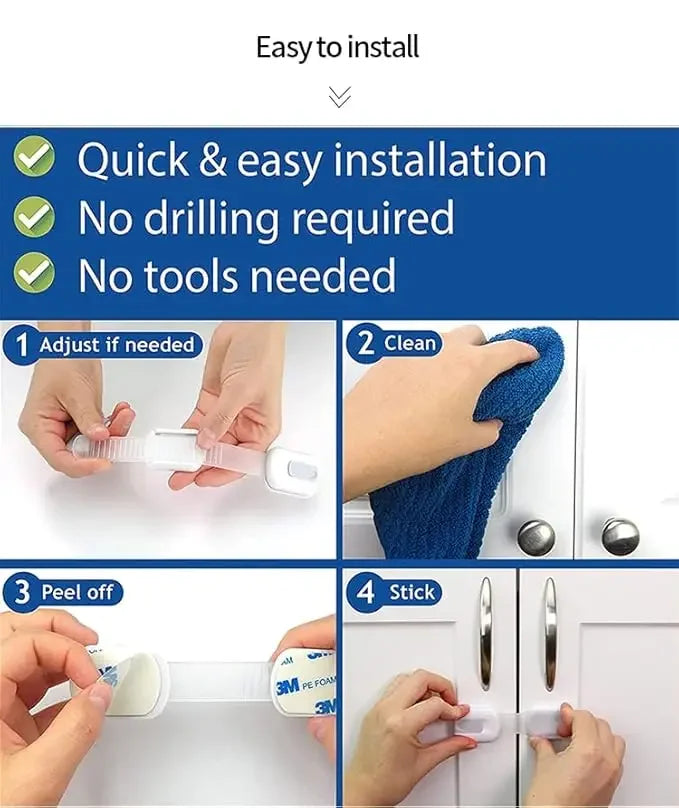 4 Pack Child Safety Strap Locks for Fridge, Cabinets, Drawers, Dishwasher, Toilet, 3M Adhesive No Drilling