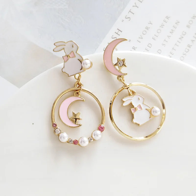 Korean Style Flower Cute Animal Dangle Earrings For Women Moon Stars Kitten Rabbit Balloon Asymmetric Earring Party Jewelry Gift