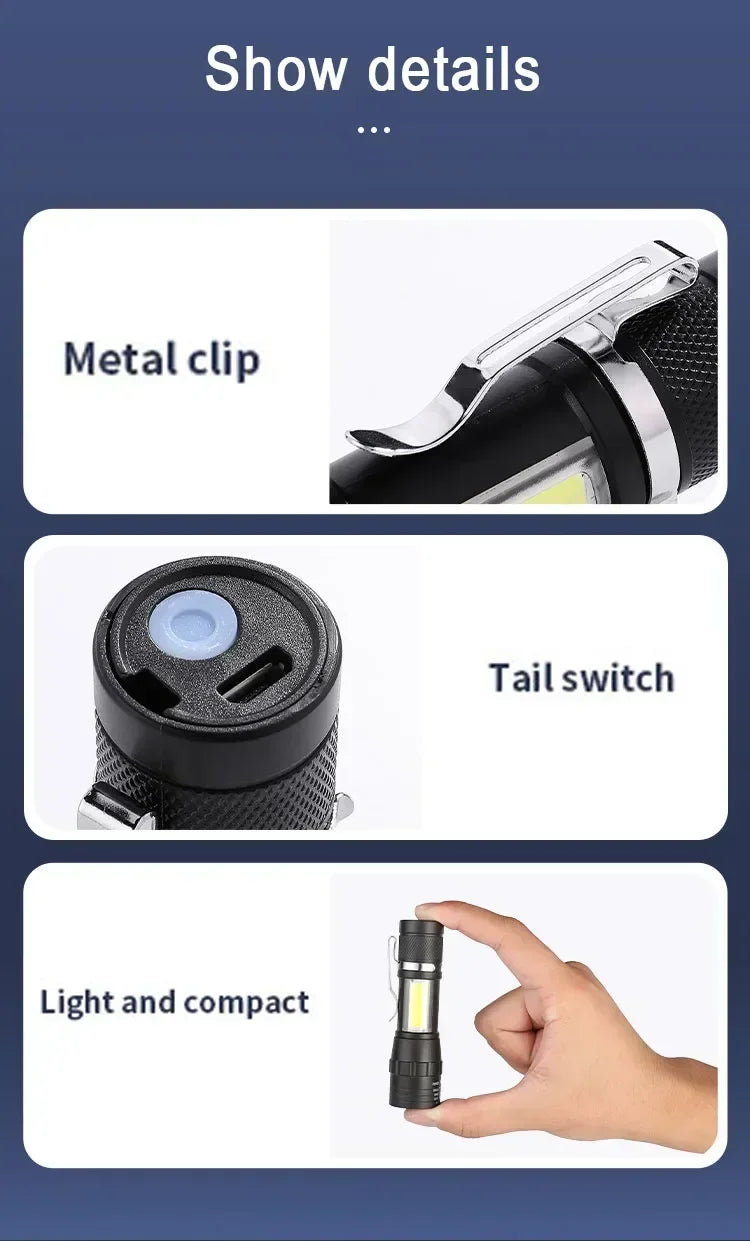 Portable Rechargeable LED Flashlight with Pen Clip Zoomable Waterproof Torch with Side Light Outdoor Camping Emergency Lantern