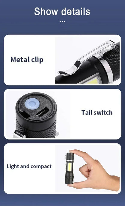 Portable Rechargeable LED Flashlight with Pen Clip Zoomable Waterproof Torch with Side Light Outdoor Camping Emergency Lantern