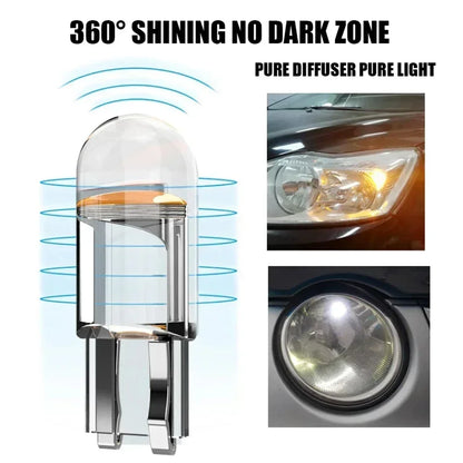 10pcs Car LED T10 W5W Canbus Glass COB Reading Dome Lamp Marker Wedge License PlateLight Bulb 168 194 192 DC 12V White