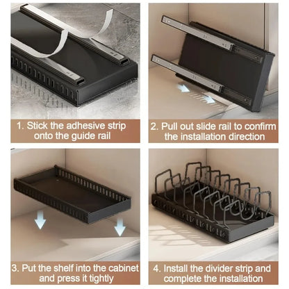 Kitchen Pull Out Pot Rack Adjustable Cupboard Trays with Slide Rails for Dishes Storage Organizer Drawer Partition Shelf