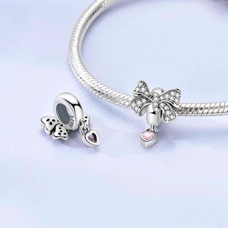 925 Sterling Silver Pink Charms Beads Butterfly Perfume Bottle Crown Heart Shaped Zircon Charms for Women Fine DIY Jewelry Gifts