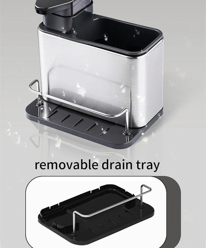 Stainless Steel Kitchen Cleaning Organizer Detergent Dispenser & Sponge Holder Easy to Clean Compact size Fits the sink 3-in-1