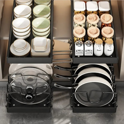 Kitchen Pull Out Pot Rack Adjustable Cupboard Trays with Slide Rails for Dishes Storage Organizer Drawer Partition Shelf