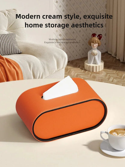 Light Luxury Paper Box High-end Living Room Creative Oval Leather Tissue Box Bedroom Desktop Napkin Storage Box Organization
