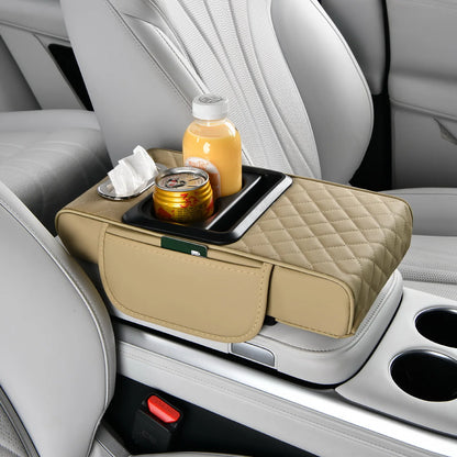 4 in 1 Car Center Console Cover Universal PU Leather Car Armrest Storage Double Cup Holder Middle Console Cushion Organizer Box