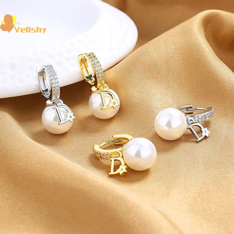 Korean Version Pearl High-end Feeling Light Luxury Trendy Temperament D-letter Atmospheric Earrings For Women Jewelry