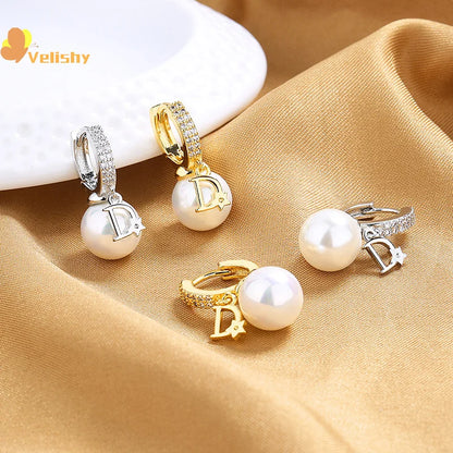 Korean Version Pearl High-end Feeling Light Luxury Trendy Temperament D-letter Atmospheric Earrings For Women Jewelry