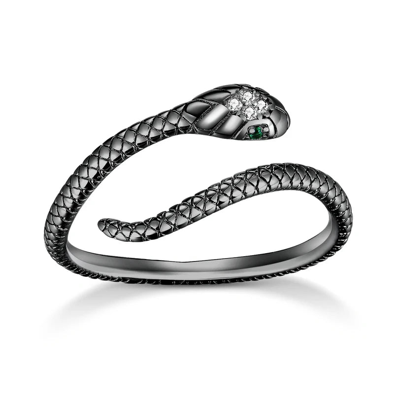 BAMOER 925 Sterling Silver Retro Textures Snake Adjustable Ring, 18K Gold Green Zircon Animal Ring Stackable Jewelry 4 Colors