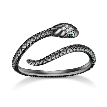 BAMOER 925 Sterling Silver Retro Textures Snake Adjustable Ring, 18K Gold Green Zircon Animal Ring Stackable Jewelry 4 Colors