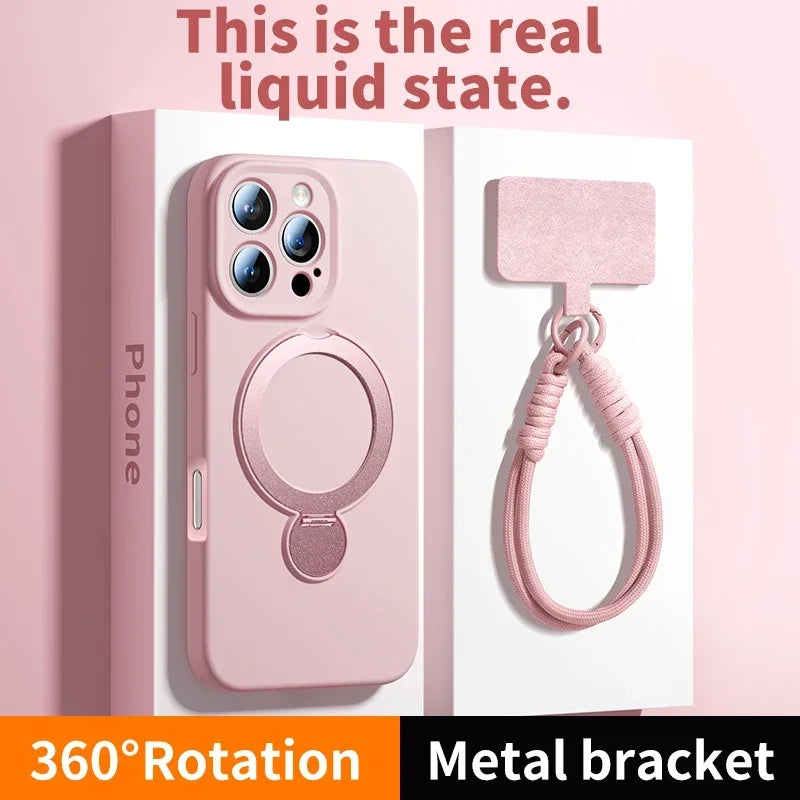 Liquid Silicone Bracket Magnetic Case For iPhone 17 16 15 14 13 Pro Max Air Magsafe With Hanging Rope Anti Fall Protective Cover