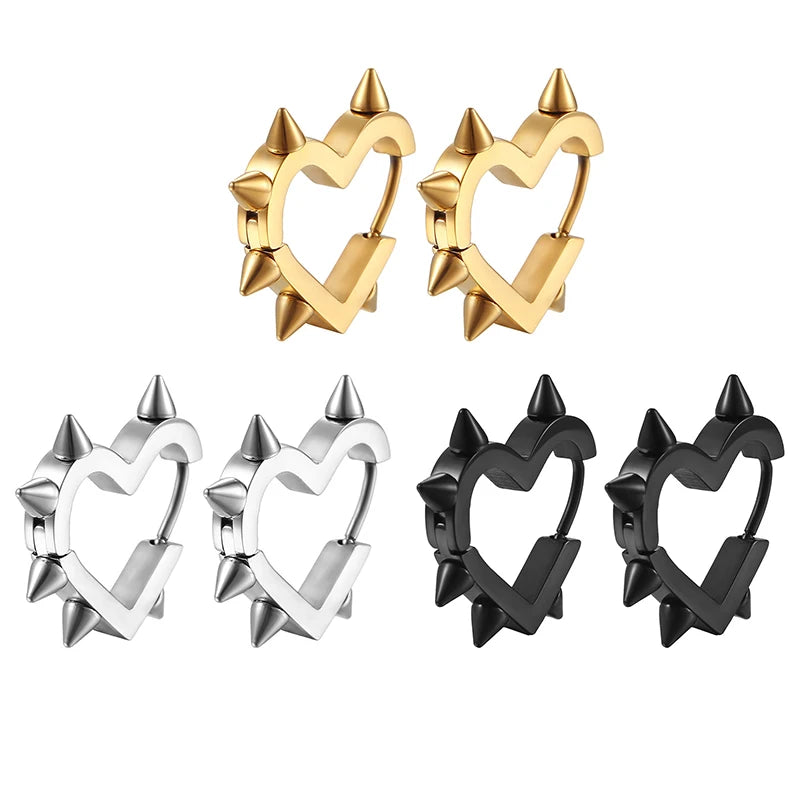 Creative Hip-Hop Rivet Heart Hoop Earrings For Women Stainless Steel Geometric Ear Buckle Piercing Cool Rock Punk Stud Jewelry
