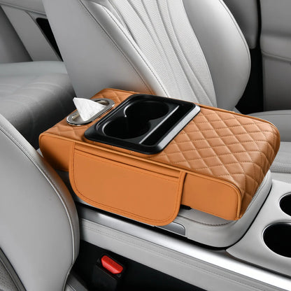 4 in 1 Car Center Console Cover Universal PU Leather Car Armrest Storage Double Cup Holder Middle Console Cushion Organizer Box