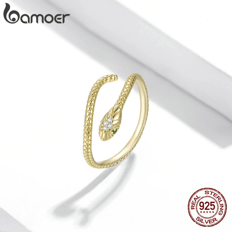 BAMOER 925 Sterling Silver Retro Textures Snake Adjustable Ring, 18K Gold Green Zircon Animal Ring Stackable Jewelry 4 Colors