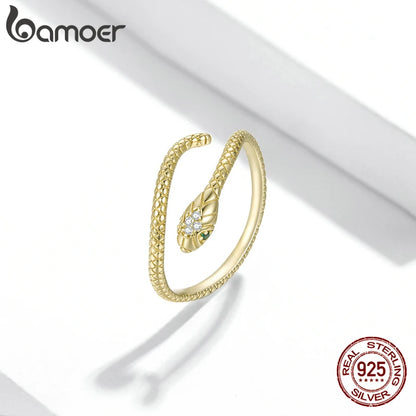 BAMOER 925 Sterling Silver Retro Textures Snake Adjustable Ring, 18K Gold Green Zircon Animal Ring Stackable Jewelry 4 Colors