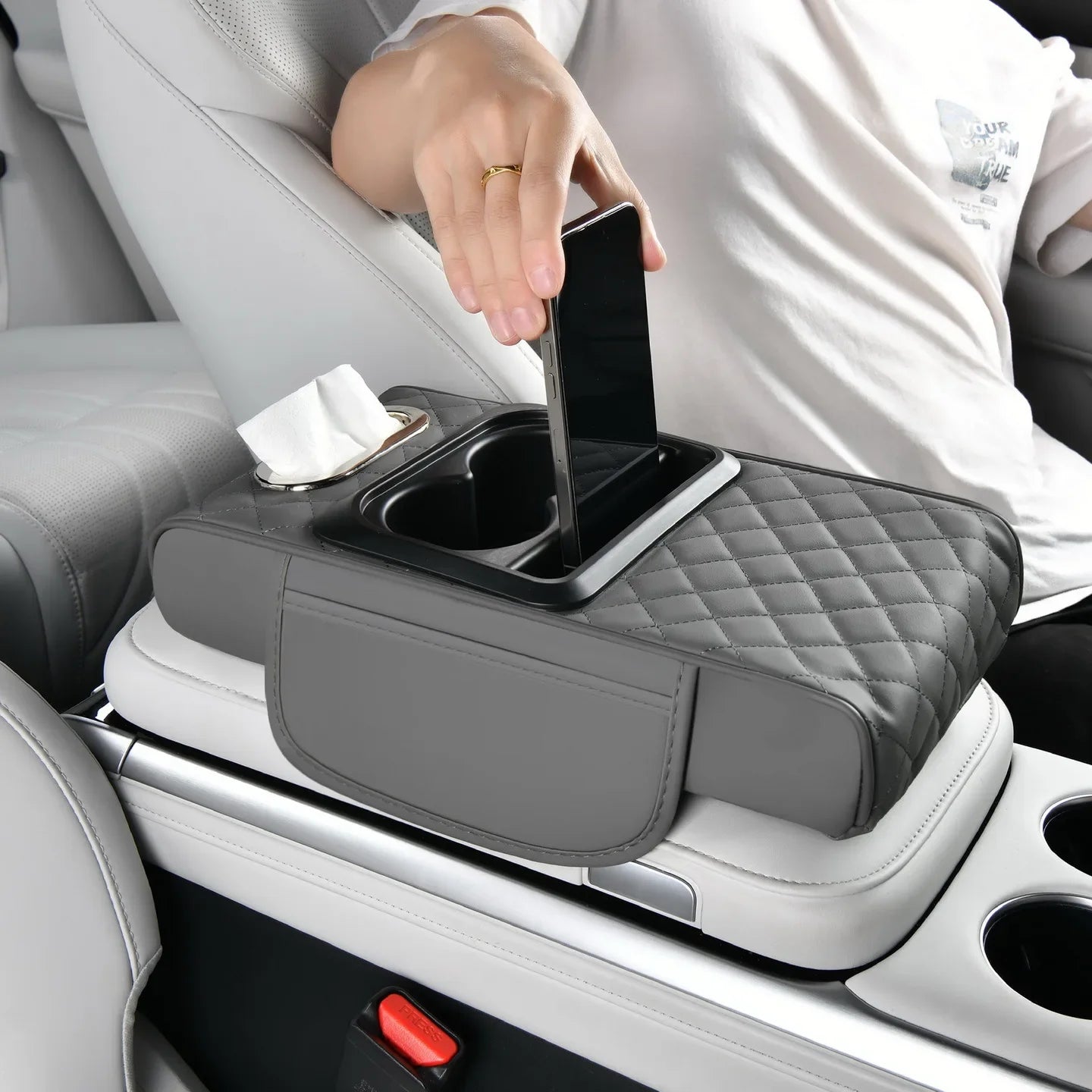 4 in 1 Car Center Console Cover Universal PU Leather Car Armrest Storage Double Cup Holder Middle Console Cushion Organizer Box
