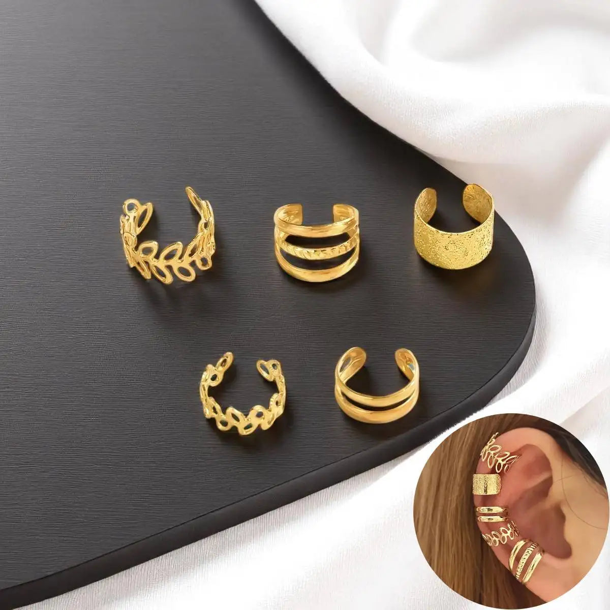 5pcs/set Trendy Elegant Design Ear Cuff Classic Elegant Style Gifts Women's No Piercing Clip silver Earrings Circle Leaf Shaped