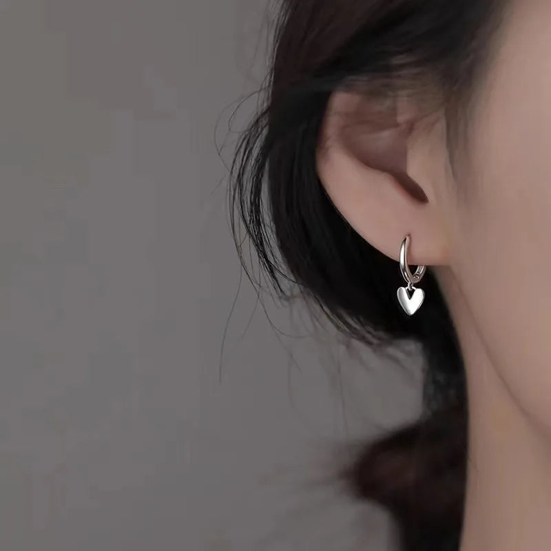 Real 925 Sterling Silver Heart Pendant Hoop Earrings For Women Classic Fine Jewelry Minimalist Accessories
