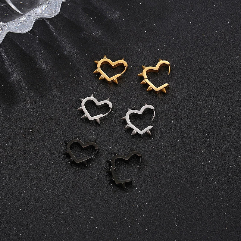 Creative Hip-Hop Rivet Heart Hoop Earrings For Women Stainless Steel Geometric Ear Buckle Piercing Cool Rock Punk Stud Jewelry