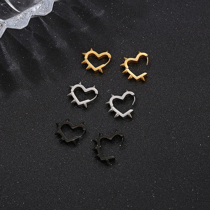 Creative Hip-Hop Rivet Heart Hoop Earrings For Women Stainless Steel Geometric Ear Buckle Piercing Cool Rock Punk Stud Jewelry