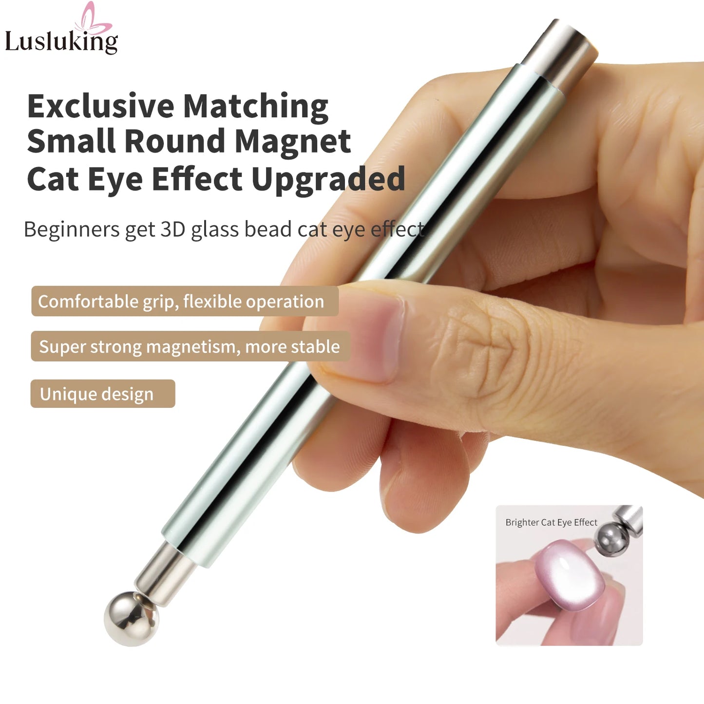 Cat Eye Nail Art Magnetic Tool Cylindrical Stick with Ball Magnet Manicure Accessory for Glass Bead Effects Fits UV Gel Polish