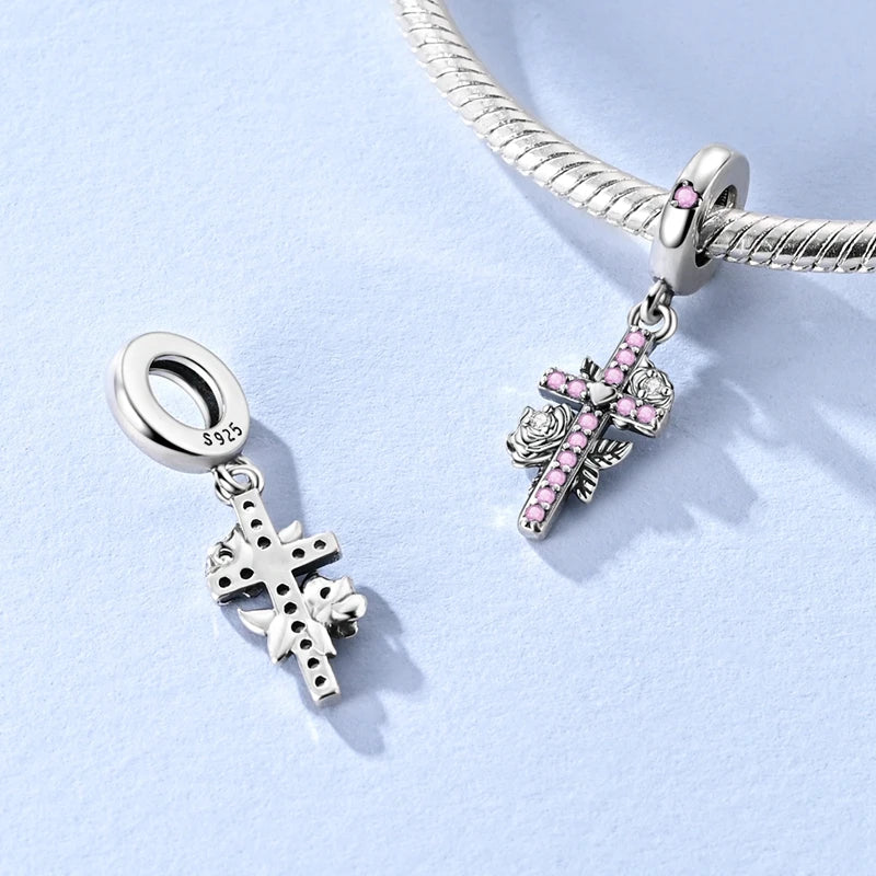 925 Sterling Silver Pink Charms Beads Butterfly Perfume Bottle Crown Heart Shaped Zircon Charms for Women Fine DIY Jewelry Gifts