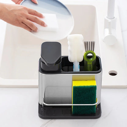 Stainless Steel Kitchen Cleaning Organizer Detergent Dispenser & Sponge Holder Easy to Clean Compact size Fits the sink 3-in-1