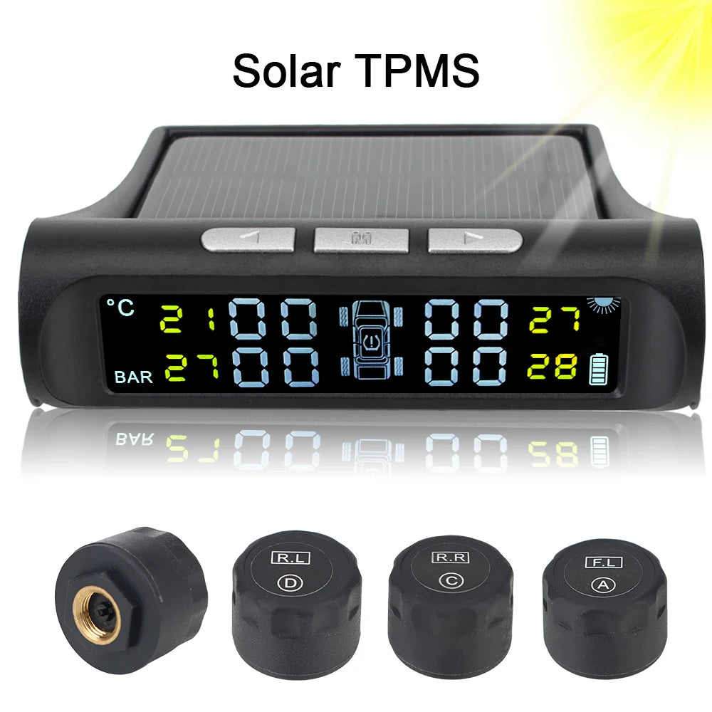 Solar TPMS Tire Pressure Monitoring System Temperature Warning Fuel Save Car Tyre Pressure Monitor 4 External Sensors Cartronics