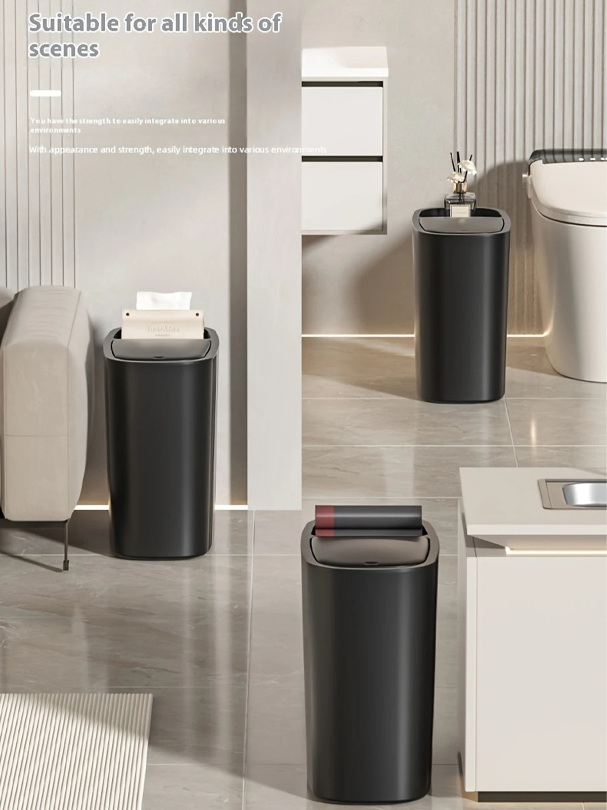 Large Capacity Bathroom Trash Can with Lid Odor-Sealing Oval Plastic Garbage Can for Kitchen, Bathroom, Bedroom, Living Room